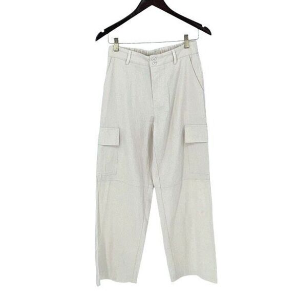 Papermoon Womens High Rise Elastic Waist Wide Leg Cargo Pants Cream Beige Small - Picture 1 of 9